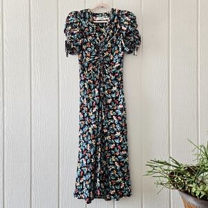 CEFINN Boho Western Black Floral V Neck Maxi Ruched Bodice Short Sleeves Lined 6